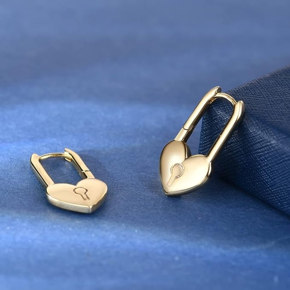 Gold Heart Locks Hoop Earrings